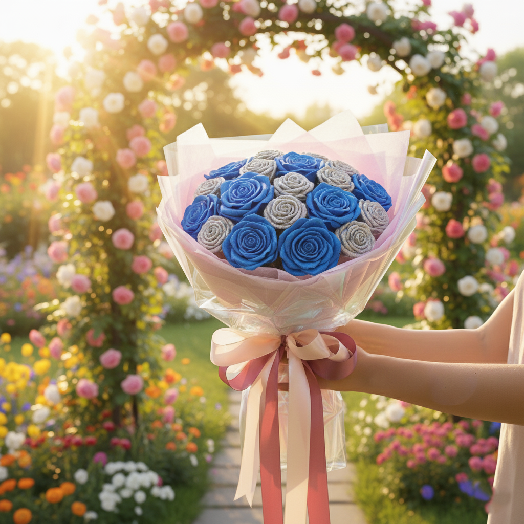 blue and silver multi colour ribbon bouquet
