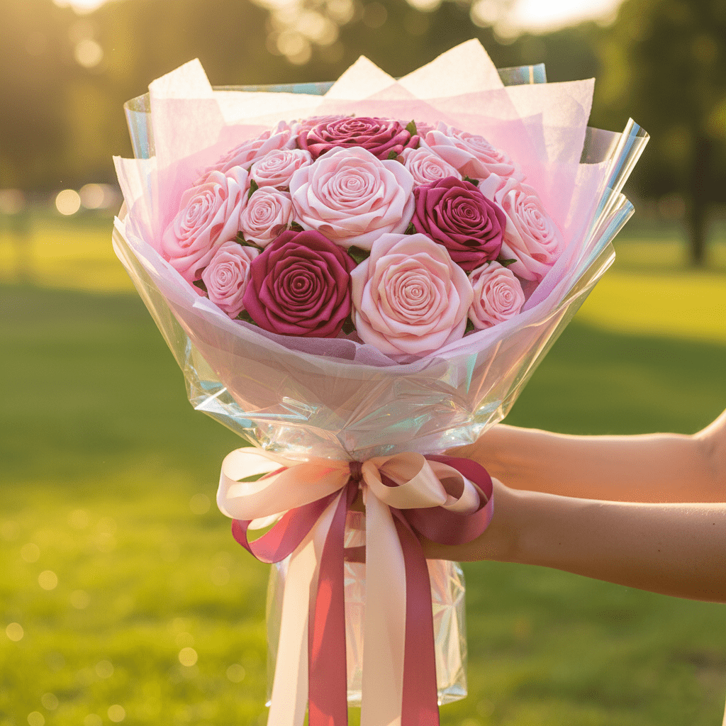 baby pink and magenta multi-colour ribbon bouquet